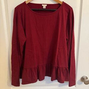J. Crew Burgundy Long Sleeve Ruffle Peplum Top